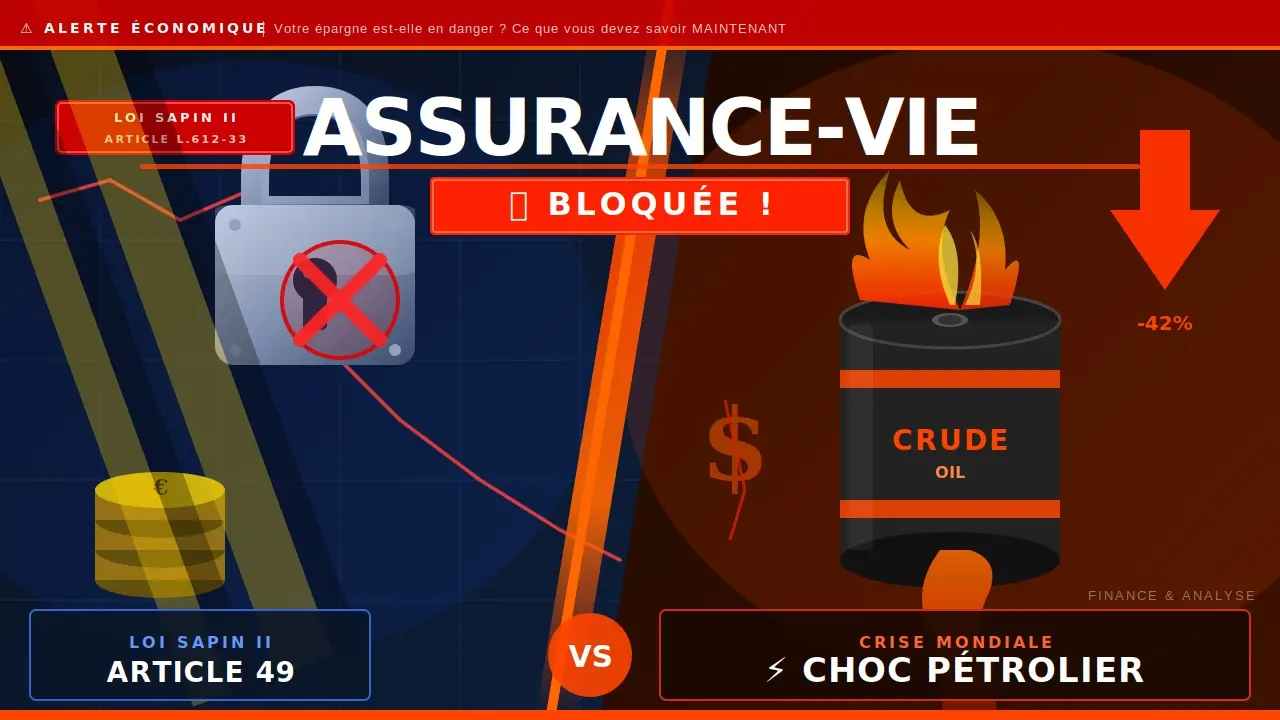 Affiche illustrant l’économie: tableau de gauche avec cadenas et pièces dorées, droite flamme sur bidon pétrole et flèche rouge -42%; "Assurance-vie bloquée" et comparearticle 49, crise pétrolière.