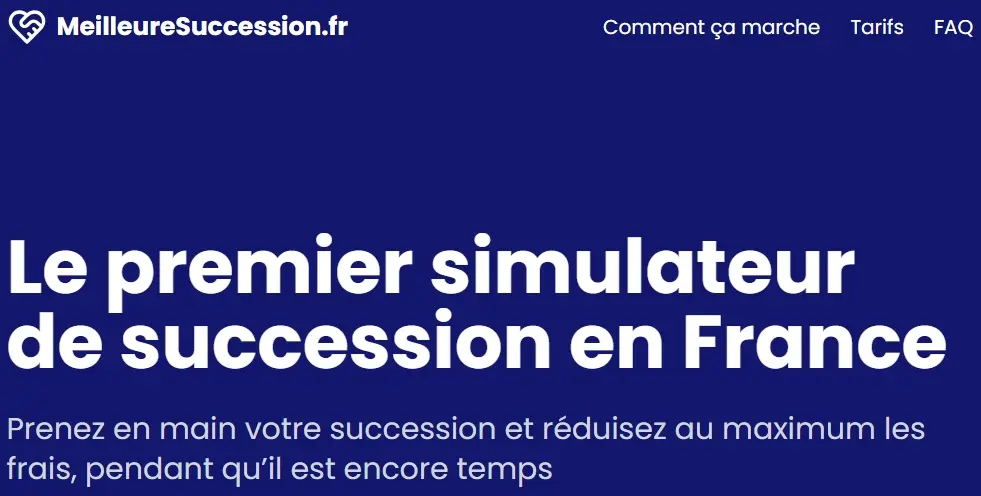 Illustration d’un site web bleu avec le logo “MeilleureSuccession.fr” et un grand titre blanc: “Le premier simulateur de succession en France” plus un sous-titre descriptif.