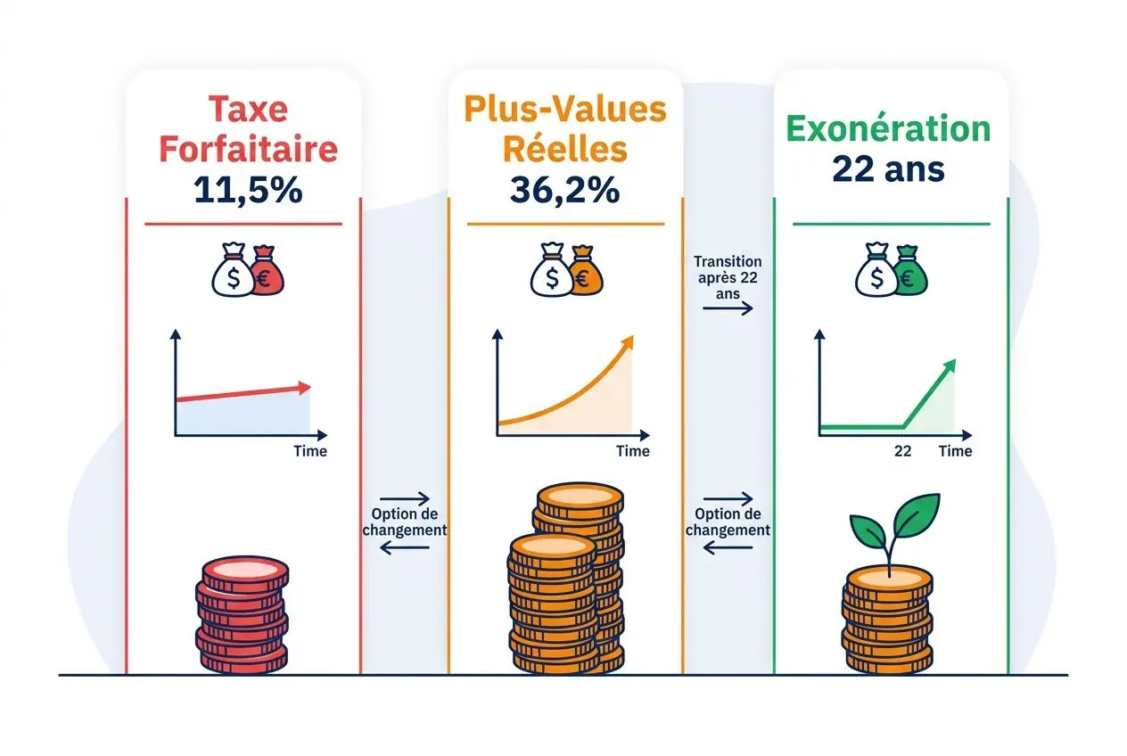 Diagramme sur la fiscalité métaux précieux: Taxe Forfaitaire 11,5%, Plus-Values Réelles croissantes et Exonération 22 ans, avec dessins de pièces, graphiques et gain potentiel.