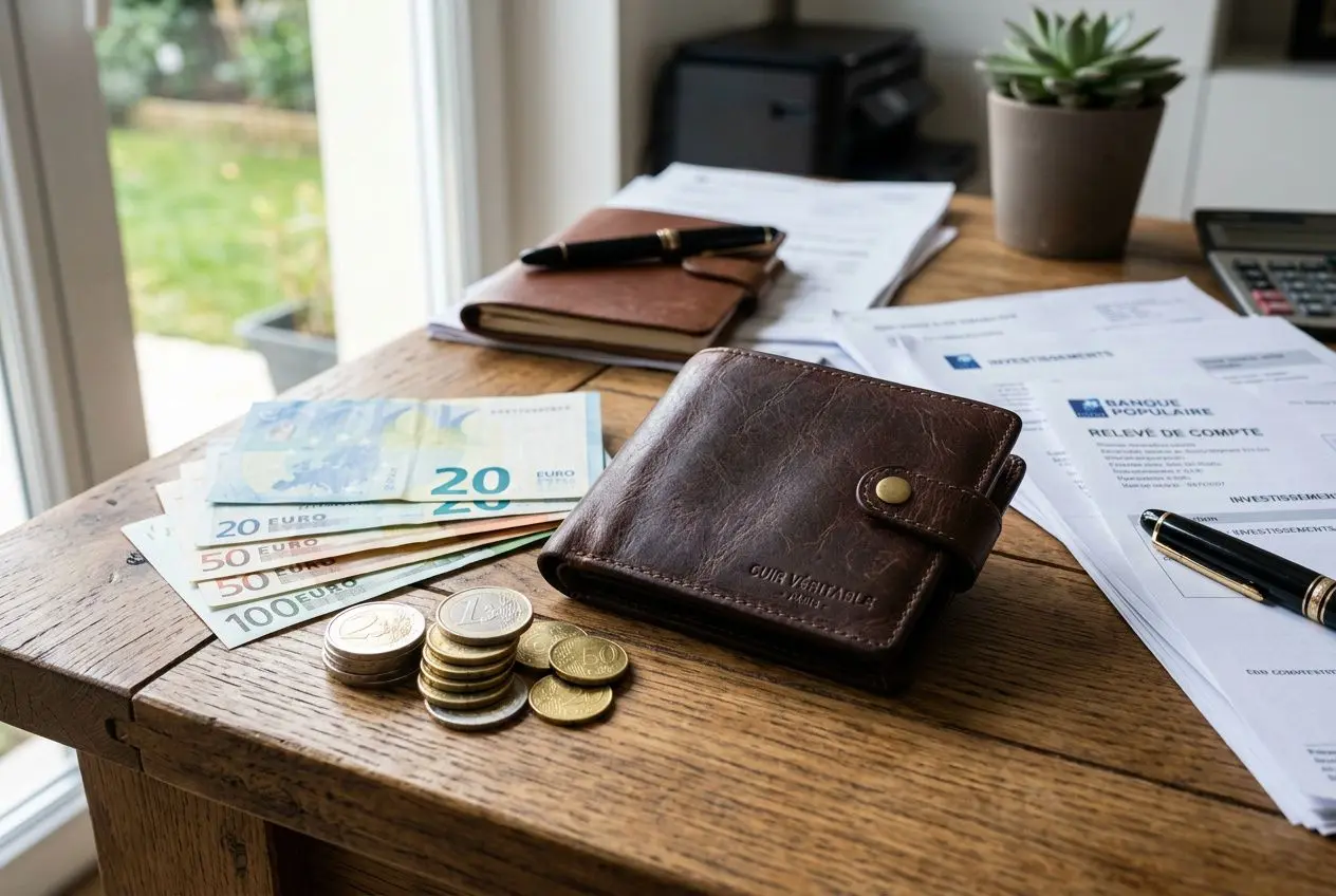 Portefeuille en cuir et billets européens (20, 50, 100 euros) sur une table en bois avec documents et pièces, illustrant investir avec peu d'argent.