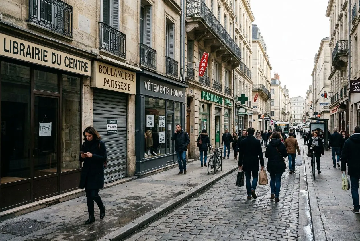 Actifs sur une rue piétonne européenne, devant des commerces tels que librairie, boulangerie/pâtisserie et pharmacie; passants vaquant à leurs affaires. Actualité économique de la semaine est intégrée naturellement dans la description.
