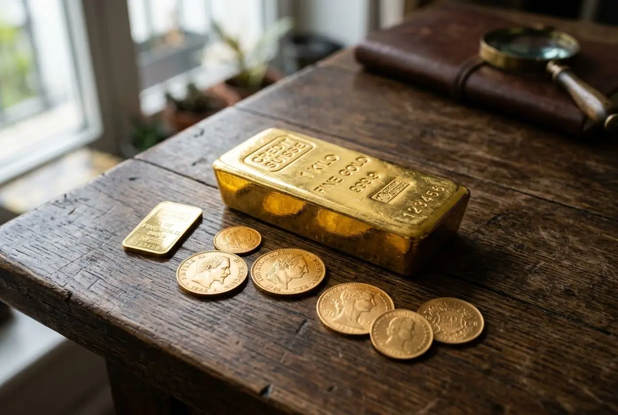 Classement de lingots et pièces d’or sur une table en bois, avec loupe à côté, évoque "quand acheter de lor en 2025" comme sujet d’investissement.