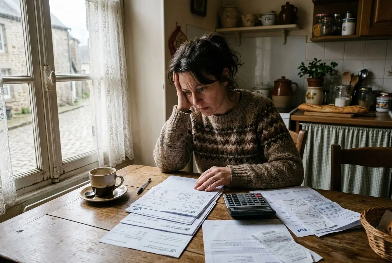 Femme pensivement assise à une table en bois, entourée de documents et d’une calculatrice, près d’une fenêtre. Elle semble préoccupée par ses finances, avec une tasse de café à côté.