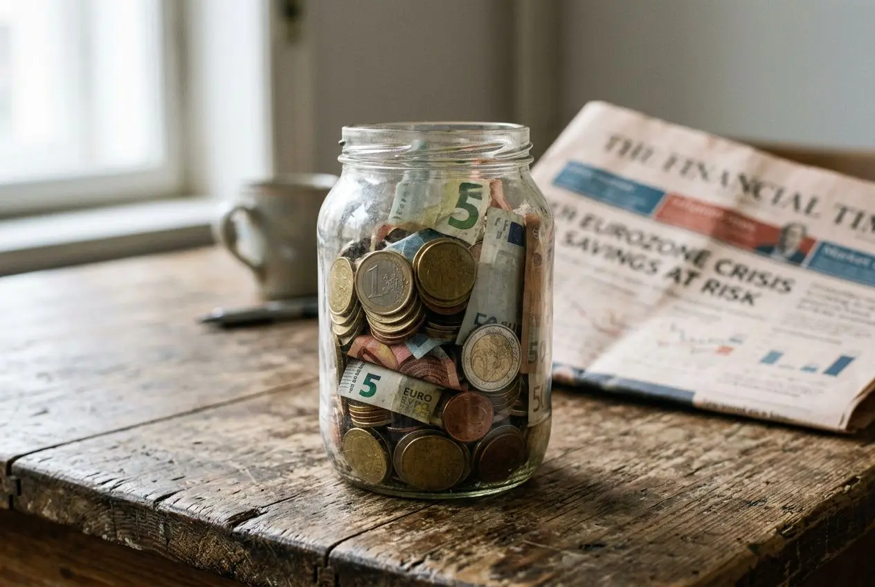 Jarre rempli de pièces et billets euros sur une table en bois, journal plié à côté. OpenAI: description intégrant le mot-clé. où intégré? "comment protéger son épargne en cas de guerre" naturel: "Pièce et billets dans un bocal, symbolisant comment protéger son épargne en cas de guerre." Ensure natural French. 125 chars max. Let's craft: "Bocal rempli de pièces et d’euros sur une table, journal à côté, illustrant comment protéger son épargne en cas de guerre." Count roughly. That's good. Bocal rempli de pièces et d’euros sur une table en bois, journal posé à côté, illustrant comment protéger son épargne en cas de guerre.