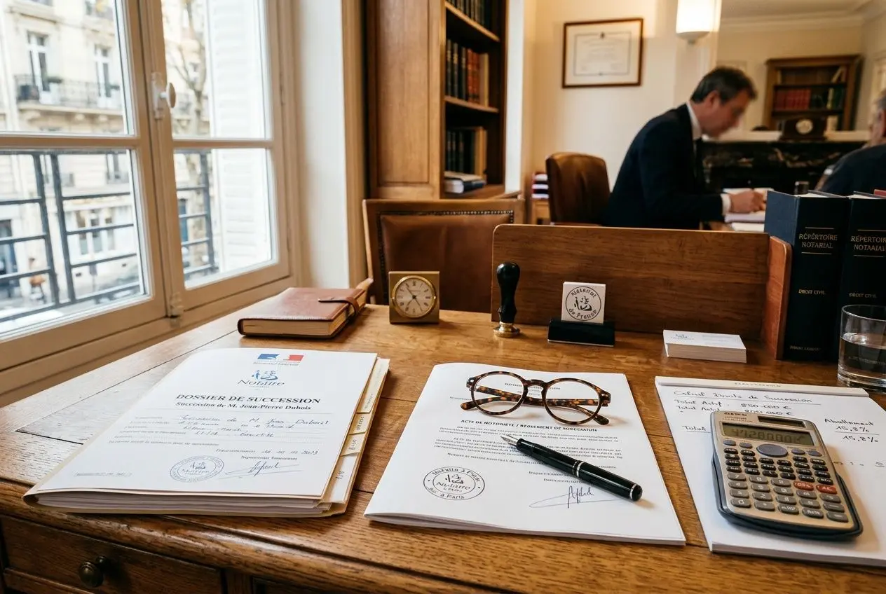 Bureau juridique avec documents sur la succession, calculatrice, lunettes et stylo, reflétant un espace professionnel pour payer moins de frais de succession.