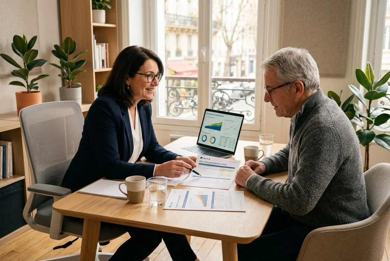 Deux professionnels discutent autour d'une table, consultent des documents et un écran montrant des graphiques en plan épargne retraite exemple.