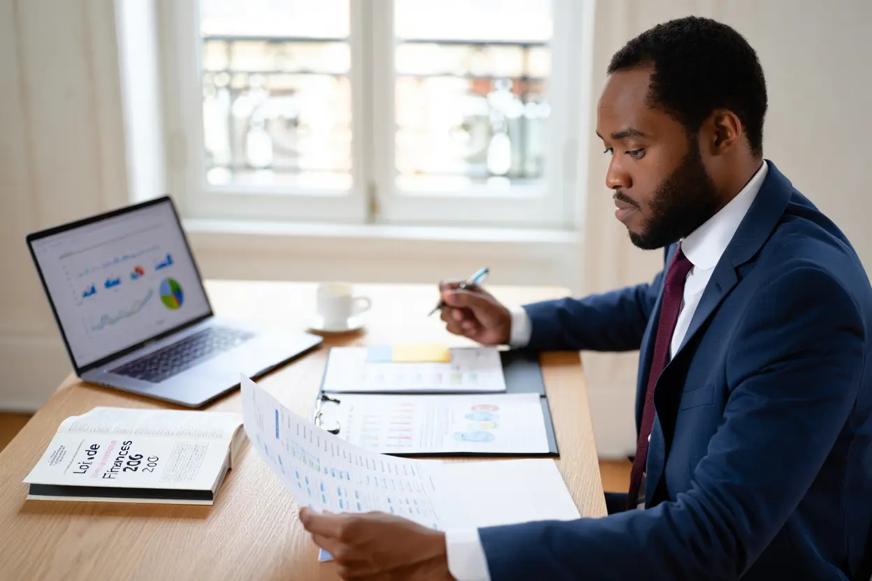 Homme d’affaires lisant et anotant des documents sur la loi de finances 2026, avec ordinateur affichant des graphiques. Réformes fiscales 2026 évoquée.