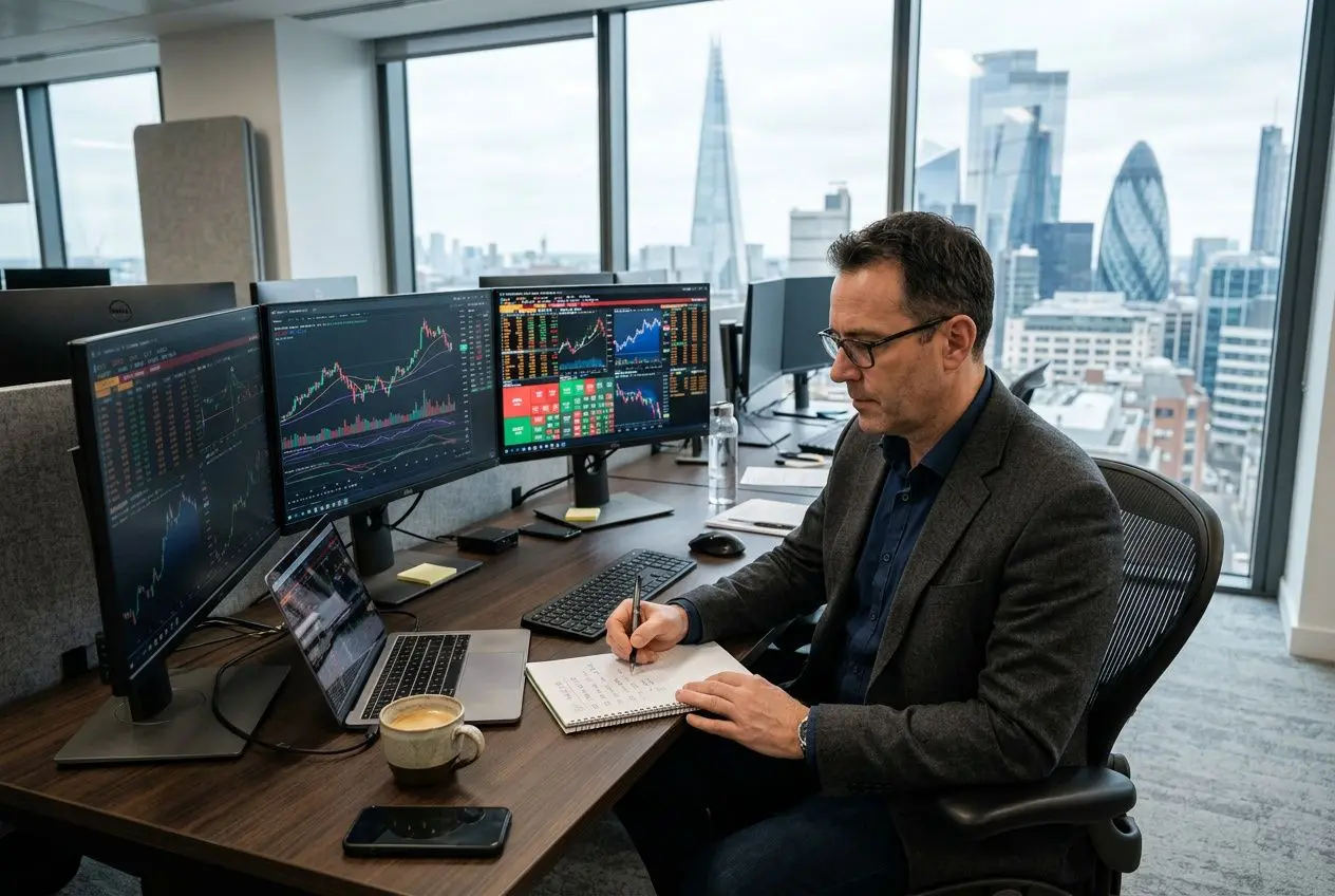 Homme d’affaires en suspension dans un bureau, écrivant dans un carnet devant plusieurs écrans montrant des graphique boursier et données, avec vue sur la ville. INSERT keyword: quand acheter des actions en bourse.
