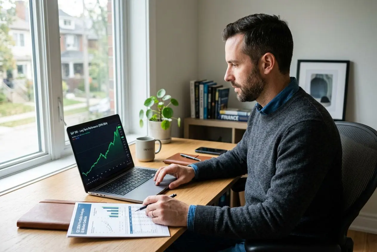 Homme travaillant sur un ordinateur portable avec graphique boursier, à côté d’un cahier et d’un document, en intérieur. Investir long terme bourse.