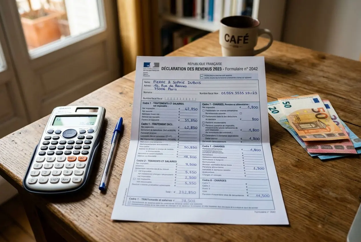 Déclaration de revenus 2023 sur une table, avec calculatrice, stylo et billets à côté, évoquant la réforme fiscale 2025.