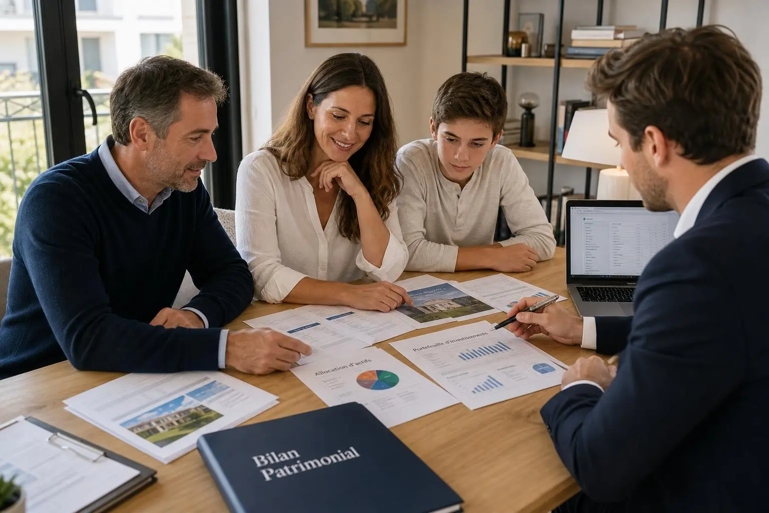 Groupe de quatre personnes autour d’une table, examinant des documents financiers et un livre « Bilan Patrimonial », discussion sur la gestion du patrimoine.