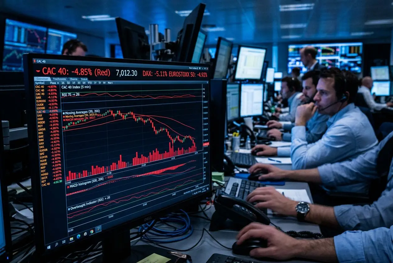 Incidents en salle de trading: écrans montrant une chute des indices et traders concentrés, illustrant les risques d'un krach boursier en 2026.