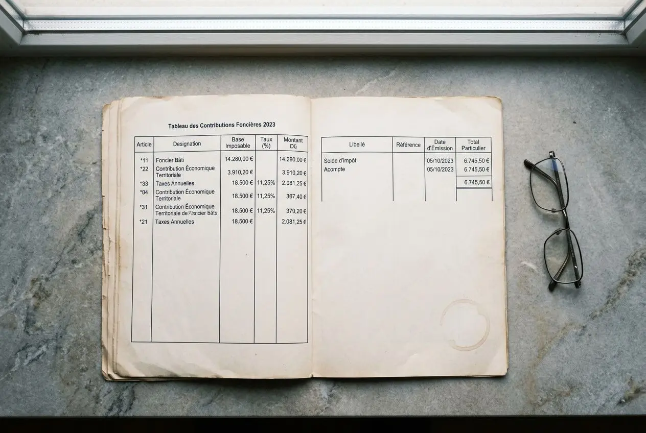 Ouverture d’un vieux carnet posé sur une table, avec lunettes à droite; pages jaunies montrant des tableaux de contributions foncières.