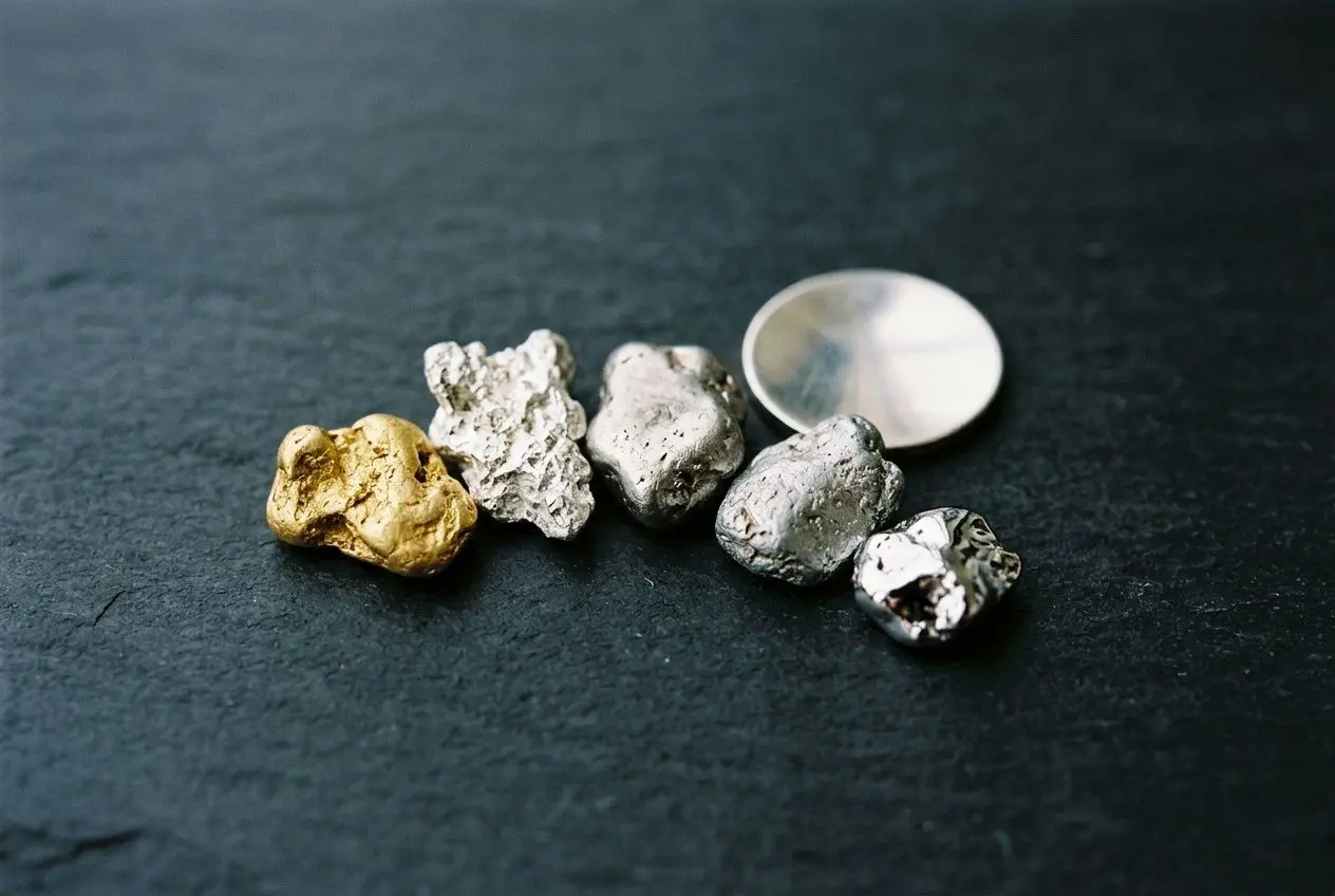 Petits lingots et échantillons de métaux précieux gris et doré sur une surface sombre, à côté d’une loupe ronde. Quels sont les 5 principaux métaux précieux.