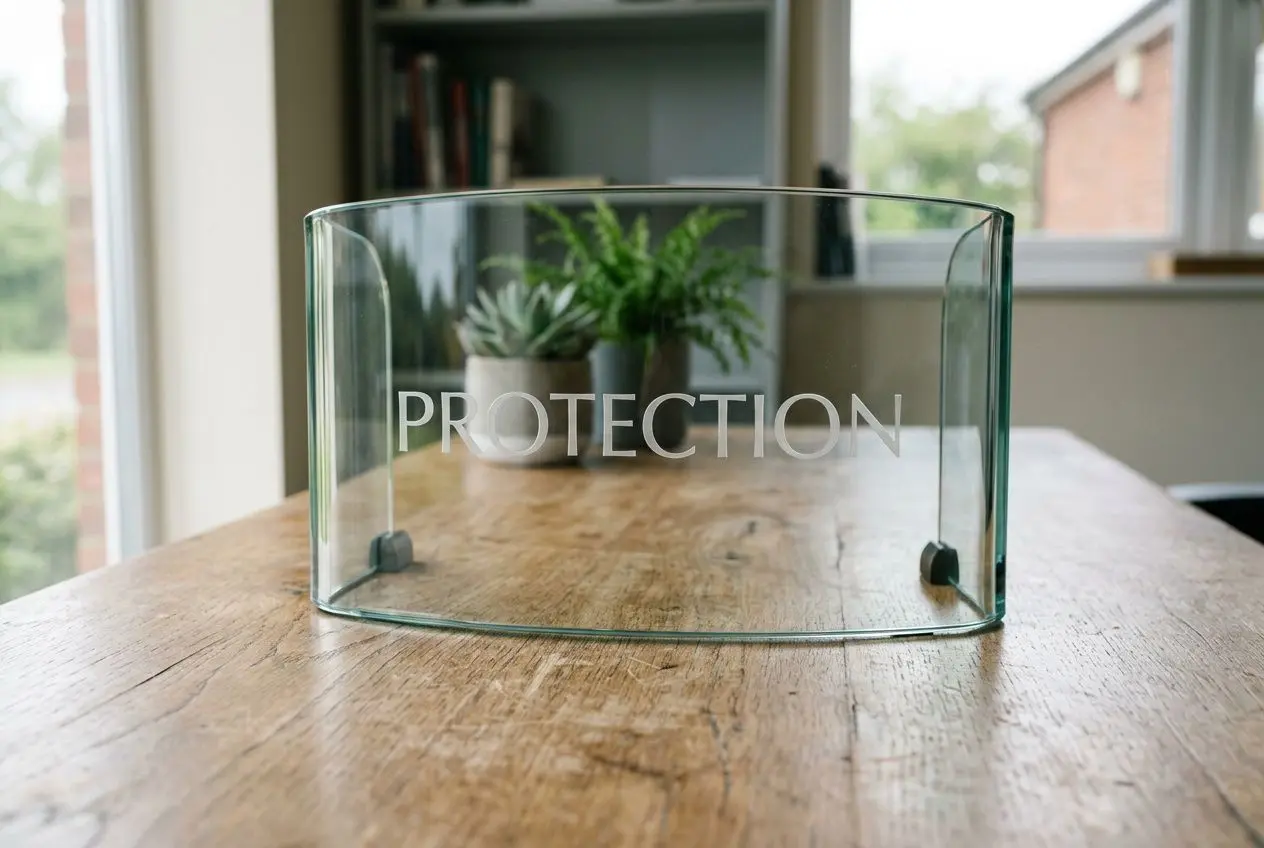 Protection financière: verre transparent sur table, évoquant la sécurité, avec le mot “PROTECTION” gravé. Faut-il retirer son argent des banques en 2025.