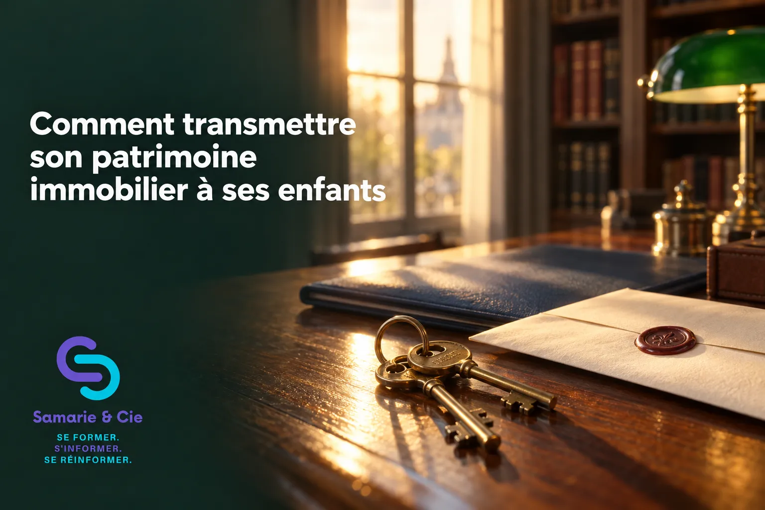 Clés sur une table à côté d'un dossier et d'une lettre, image d'un bureau avec un carnet et une lampe verte.