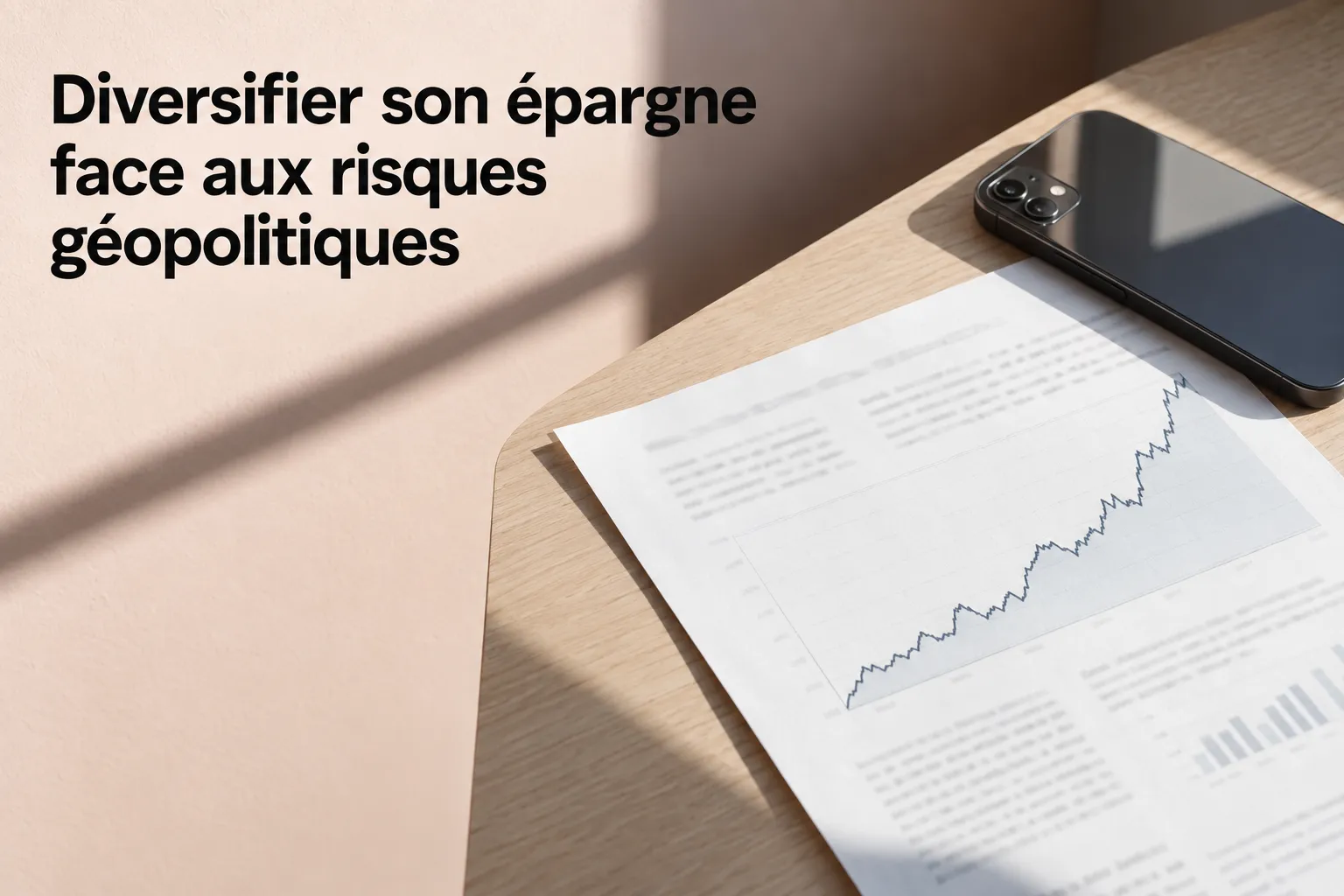 Diversifier son épargne face aux risques géopolitiques, page montrant un document financier et un smartphone sur une table.