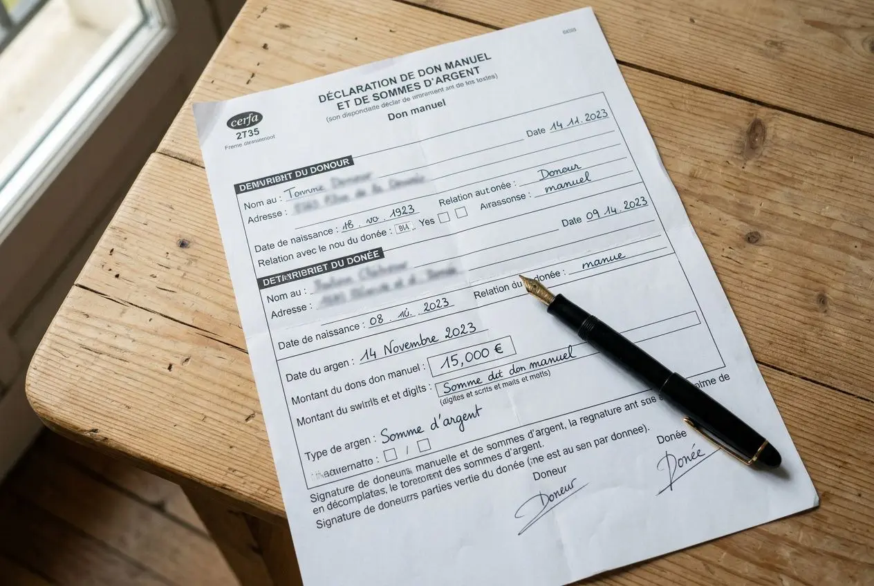 Formulaire Cerfa 2731_SD sur une table, stylo posé; document de don manuel avec sections nom et date, montant et signature. cerfa 2731 intégré dans le contexte.