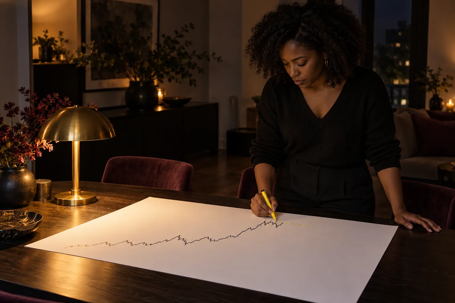 Une femme dessine une courbe sur une grande feuille blanche posée sur une table.
