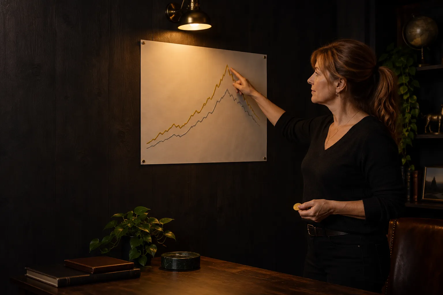 Une femme pointe un graphique en hausse affiché sur une planche accrochée au mur dans un bureau sombre.