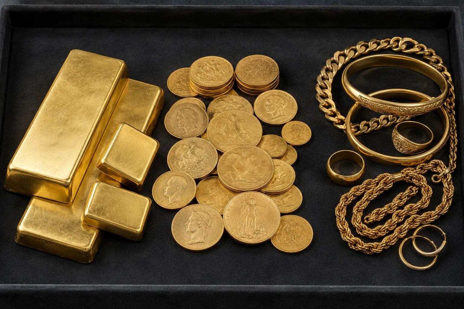 Or et bijoux en or et chaînes en or déposés dans un coffret.